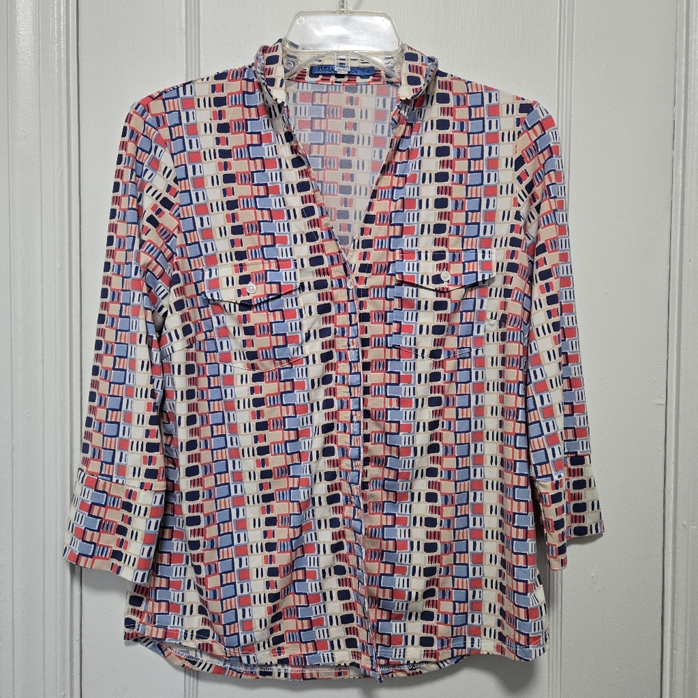 J Mclaughlin Patterned Feminine Officewear Preppy Blouse Red, Blue, Cream Small